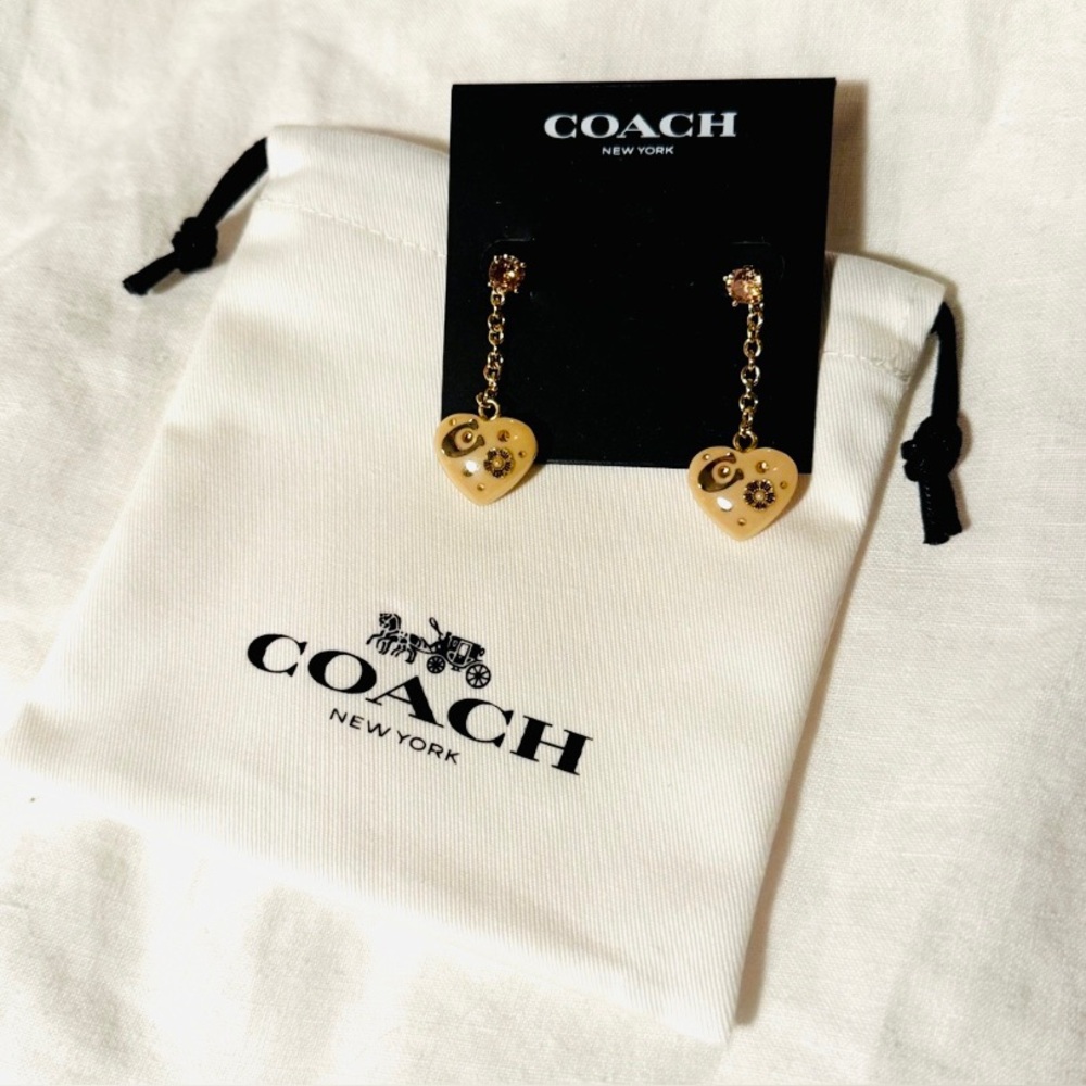 NWT COACH Signature Heart Drop Earring Gold/cream With Coach Dust Bag